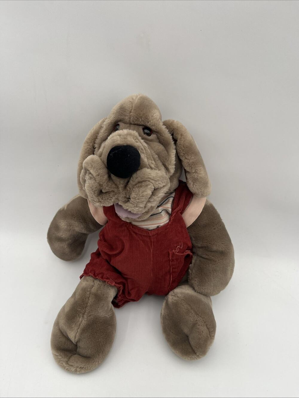 Vintage Wrinkles Inc. Puppet Dog Plush w/ Overalls, Striped Shirt Ganz Bros Toy